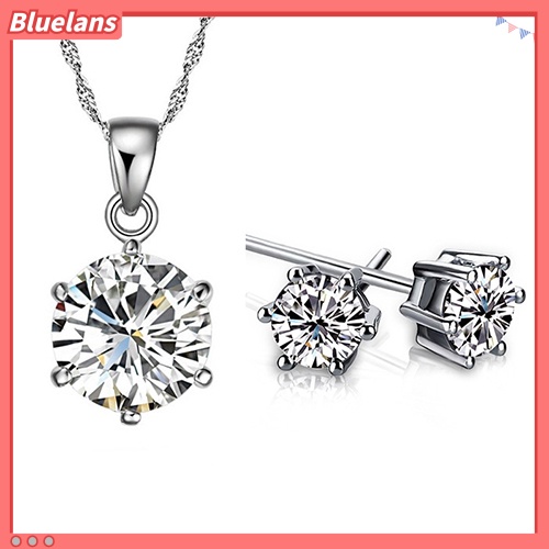 Bluelans Women Wedding Party Cubic Zirconia Pendant Necklace Stud Earrings Jewelry Set