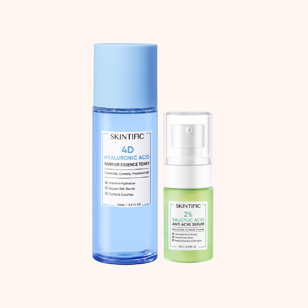 SKINTIFIC 2pcs Set | 4D Hyaluronic Acid Barrier Essence Toner 100ml Toner Pelembab + 2% Salicylic Acid Anti Acne Serum 20ml