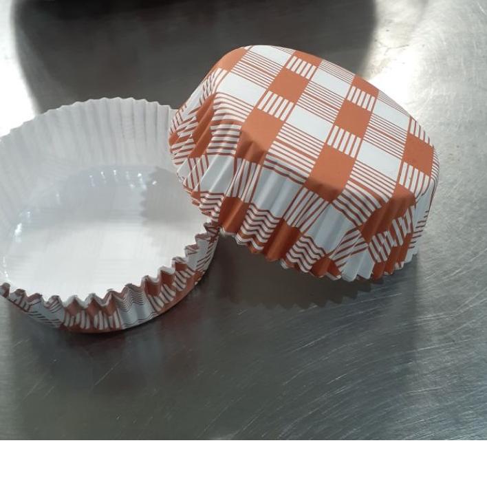 

Model Baru Cup roti bulat 8cm coklat garis kotak² | isi 200 pcs+