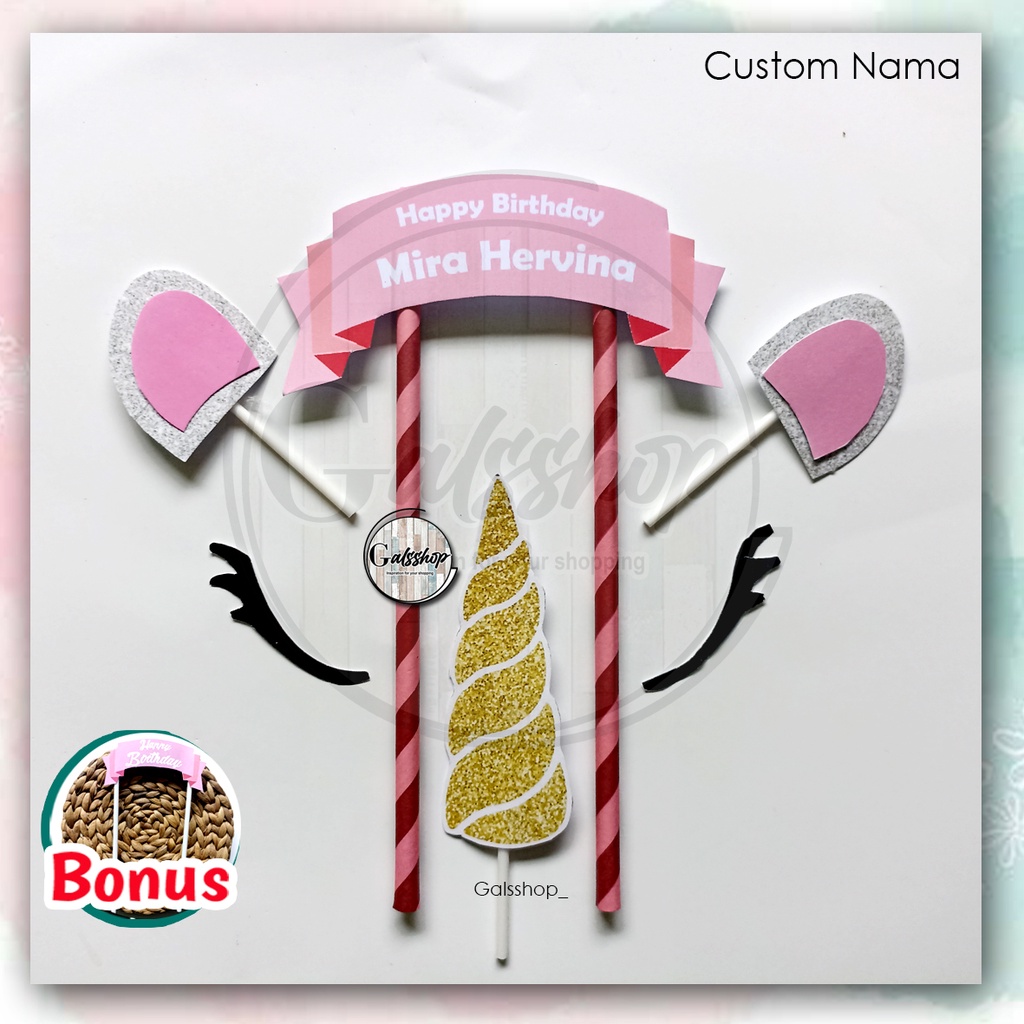 Custom Nama/ Foto / Toppercake Plus Unicorn Gold / Hiasan Kue / Cake Topper