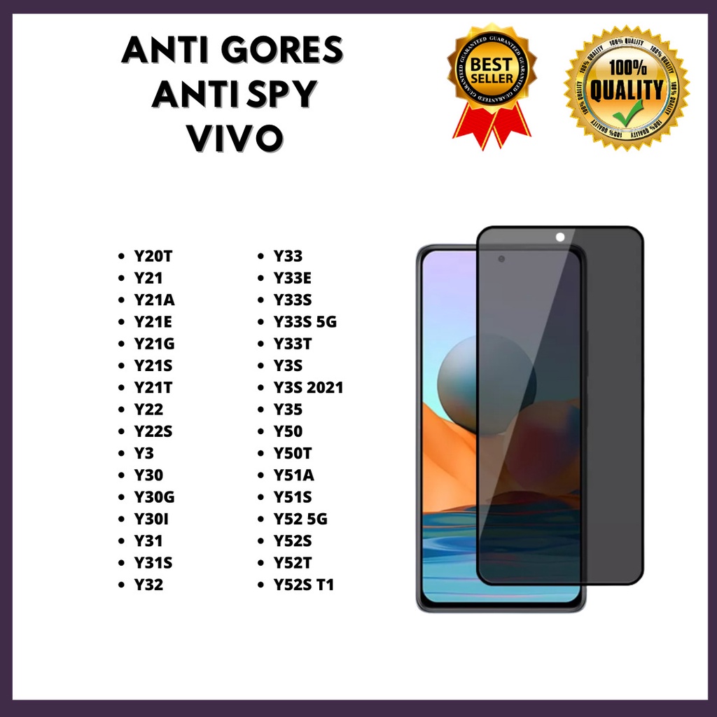 TEMPERED GLASS ANTI SPY - VIVO Y36-Y20T-Y21-Y21A-Y21E-Y21G-Y21S-Y21T-Y22-Y22S-Y3-Y30-Y30G-Y30I-Y31-Y31S-Y32-Y33-Y33E-Y33S-Y33S 5G-Y33T-Y3S-Y3S 2021-Y35-Y50-Y50T-Y51A-Y51S-Y52 5G-Y52S-Y52T-Y52S T1(HOKKY ACC)