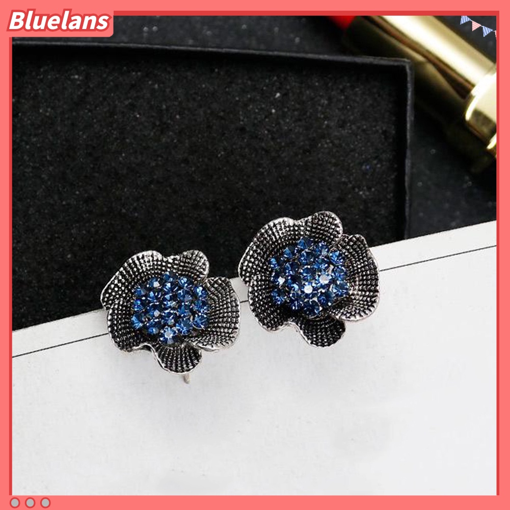 Bluelans Vintage Women Rhinestone Inlaid Rose Flower Shape Stud Earrings Jewelry Gift