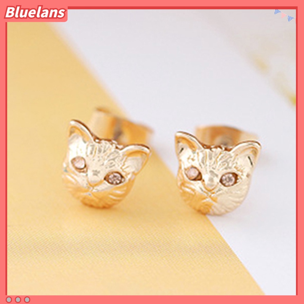 Bluelans 1 Pair Women Cute Cats Head Rhinestones Inlaid Ear Studs Earrings Club