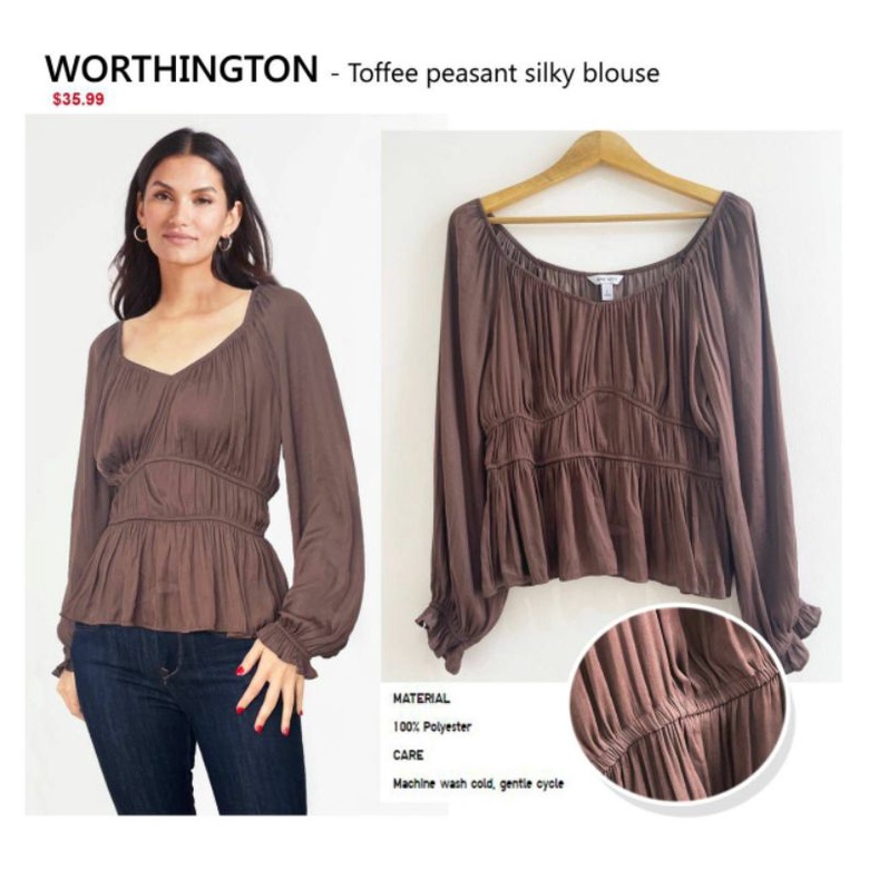 Nine west toffe peasant silky blouse