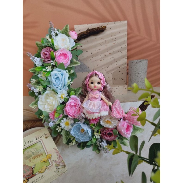 Wreath Bulan Sabit Hias Bunga Dan Boneka Hiasan Dinding Hiasan Pintu Dekorasi Rumah Home Decor