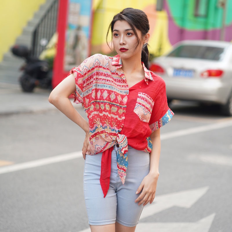 KEMEJA WANITA 2022 BARU CHIFFON TEMPERAMENT SPLICING POCKET TREND SHIRTS KEMEJA MOTIF WANITA KEMEJA POLOS