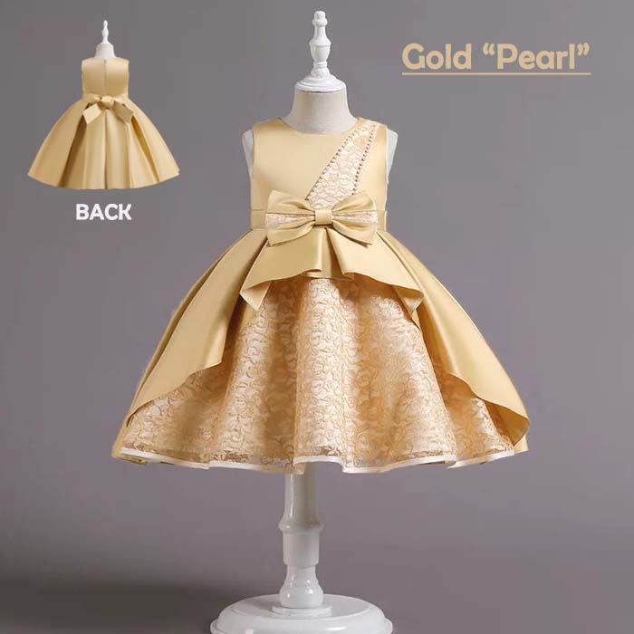Dress Pesta Anak Import Gaun Pesta Anak Import Cross Shoulder Beads Gold Big Bow