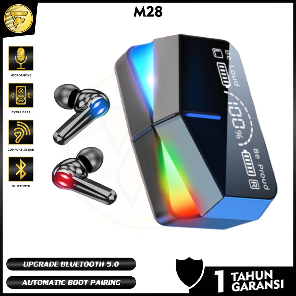 TWS M-28 headset Bluetooth RGB Light GAMING LOW DELAY HIFI BASS wireless stereo music sport telfon daily earphone microphone