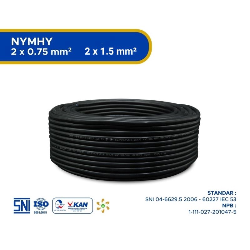 Kabel Listrik Serabut Tembaga NYMHY 2 x 0.75 mm² Dan 2 x 1.5 mm² Per Meter