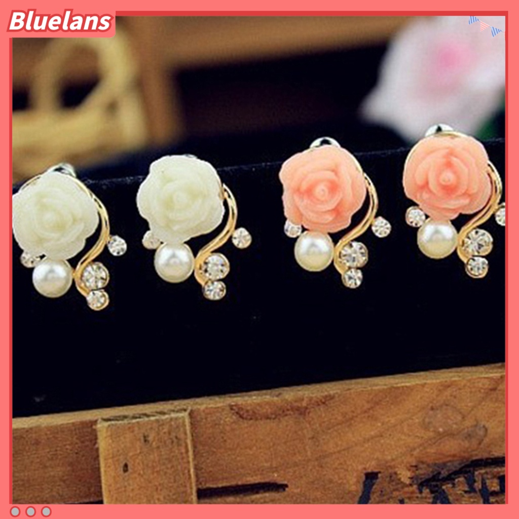 [Bayar Di Tempat]Satu Pasang Anting Mawar Style Korea Dengan Mutiara Dan Berlian Buatan