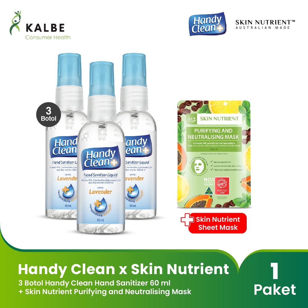 Handy Clean Hand Sanitizer 3 Botol @ 60 ml x Skin Nutrient Sheet Mask