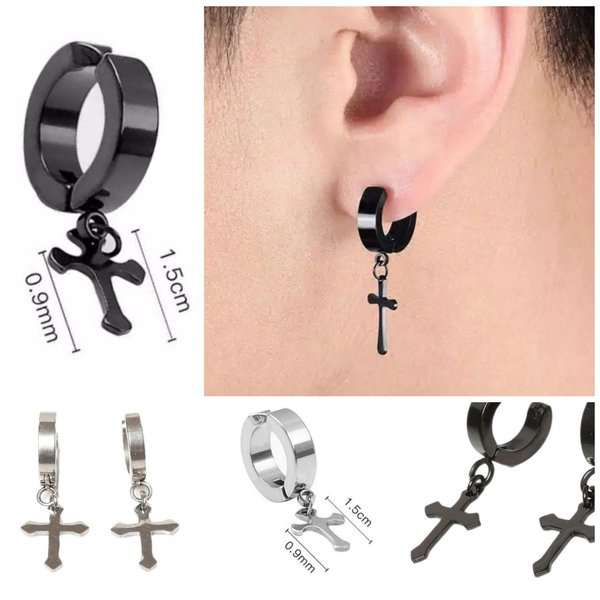 Anting Salib Jepit / Anting Pria Cowok Jepit /Tindik Fake Piercing