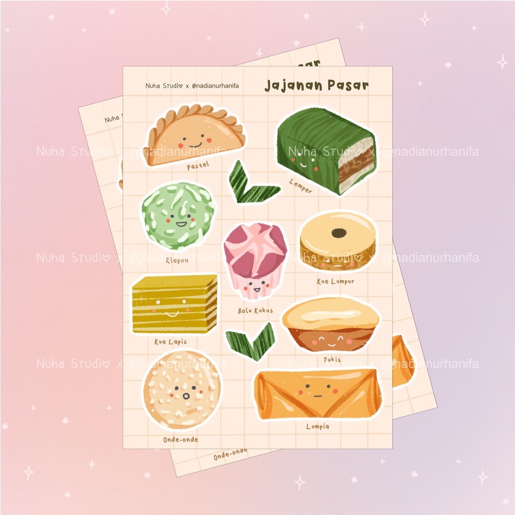 

Sticker by nadianurhanifa | Jajanan pasar Traditional snack Indonesia Pastel Lemper Klepon Bolu kukus Kue Lumpur Kue Lapis Pukis Lumpia Onde2 | Aesthetic Sticker Estetik Stiker HP Laptop Botol Cute Waterproof Scrapbook Diary Journal Bujo Anti Air