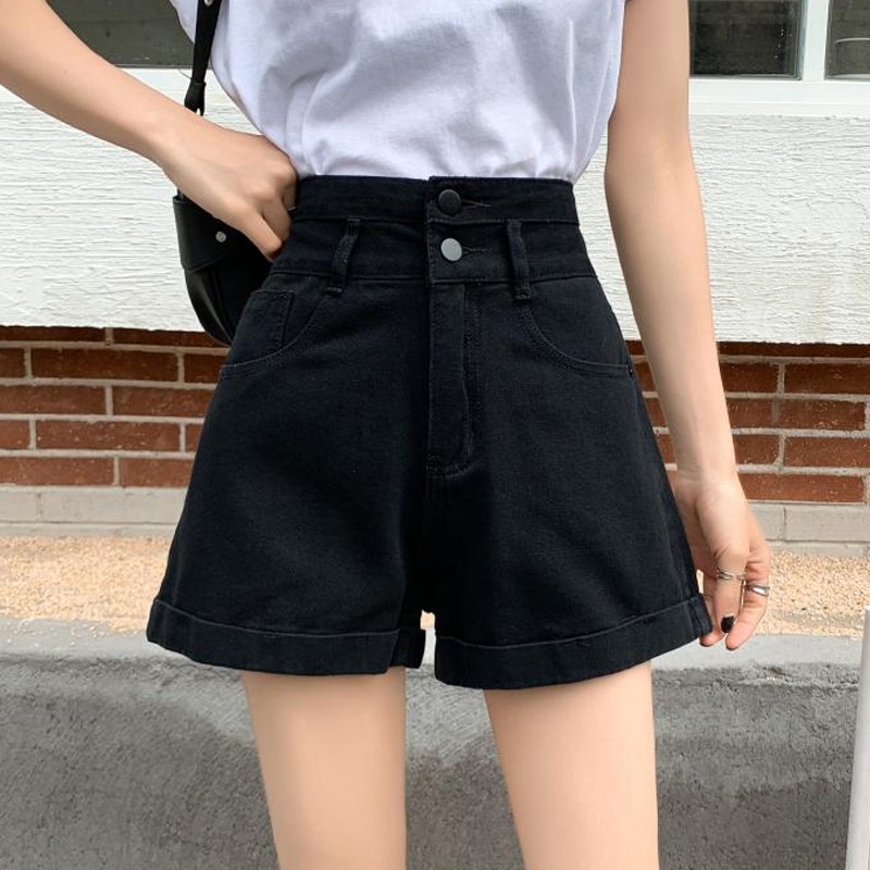 Celana Pendek Denim Wanita High Waist Pant Celana Longgar A-Line Celana Simple Korean Style