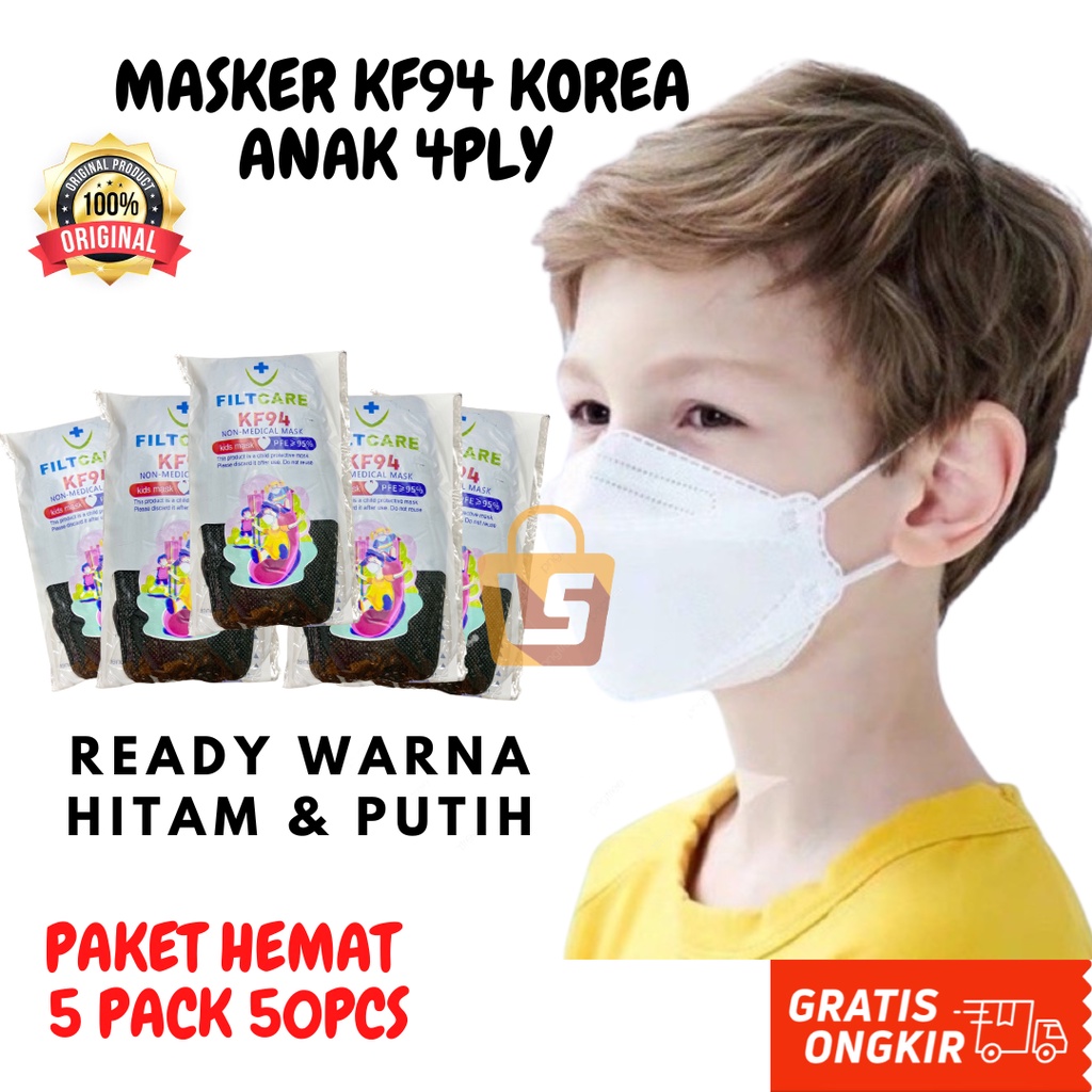 Masker KF94 Anak 1 box isi 50pcs Masker KF94 Anak Hitam Putih Polos -Masker KF94 anak 50pcs