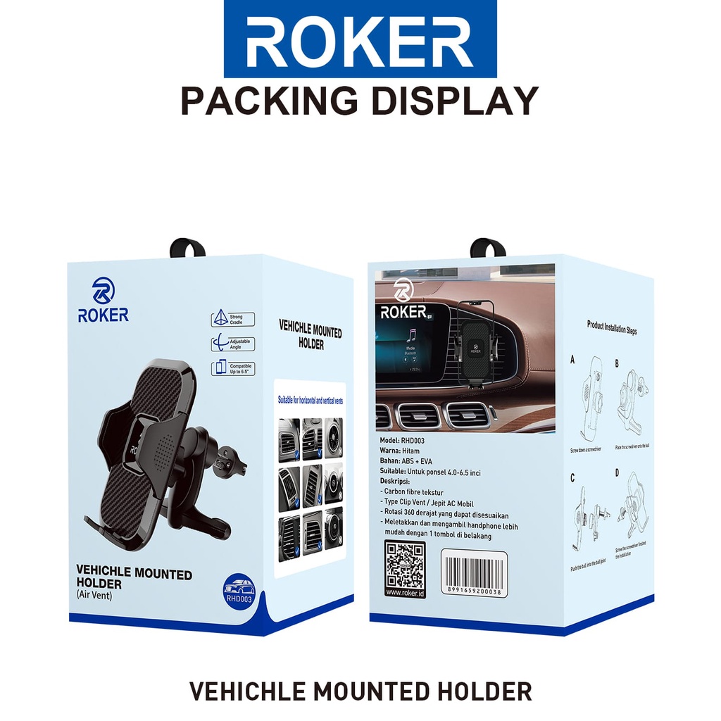 PROMO Holder Roker RHD003 Vehichle Mounted - Carbon fibre tekstur  - Type Clip Vent / Jepit AC Mobil  - Rotasi 360 derajat yang dapat disesuaikan