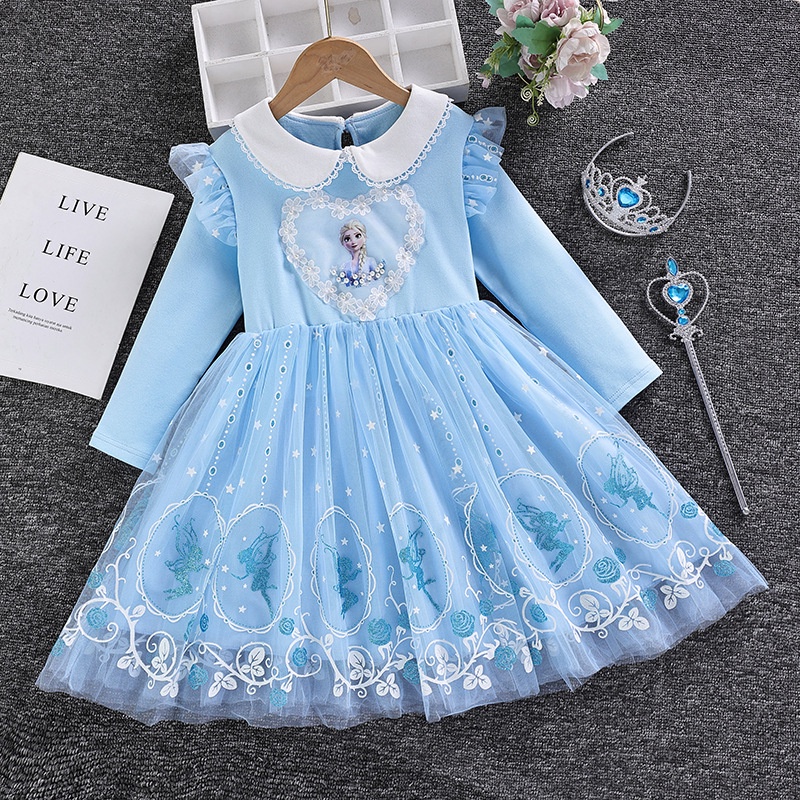 2-10 thn Anak Perempuan Frozen Elsa Princess Dress untuk Pesta Bunga Lengan Panjang Gaun Tutu