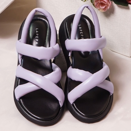 LAPEPA YUK - Sepatu Sandal Wanita Wedges VIVIAN Model Silang dua Tali Strap Belakang Hak Tinggi Sole 3 cm Spatu Sendal Gunung Cewek  Size 36 37 38 39 40 41 Warna Lilac Ungu Soft Kekinian Premium Terbaru Shoes Ori Original Mall Official Store Promo