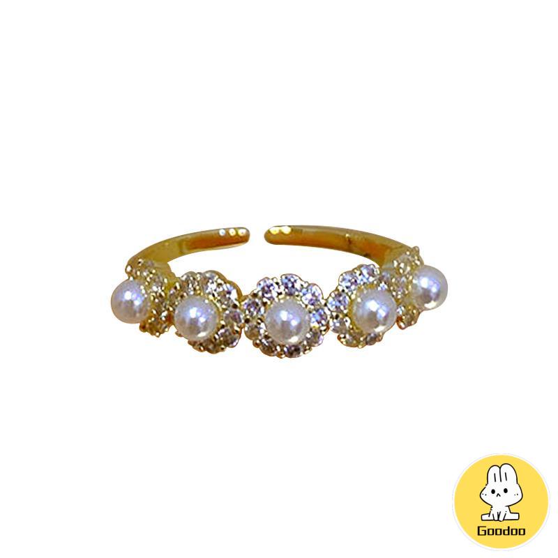 Double-layer Retro Pearl Diamond Ring Niche Light Desain Mewah Cincin Dapat Disesuaikan Terbuka -Doo