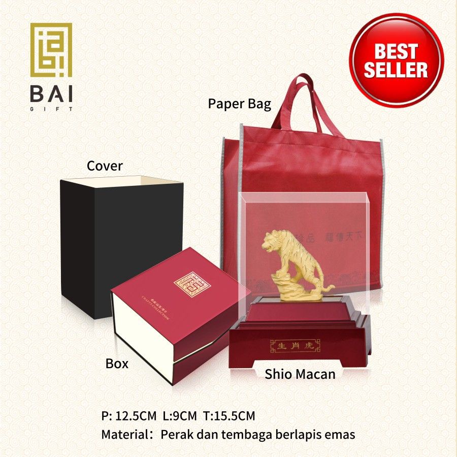 BAI GIFT Patung Shio Macan Lapis Emas 24K Pajangan Shio Macan Lapis Emas 24K