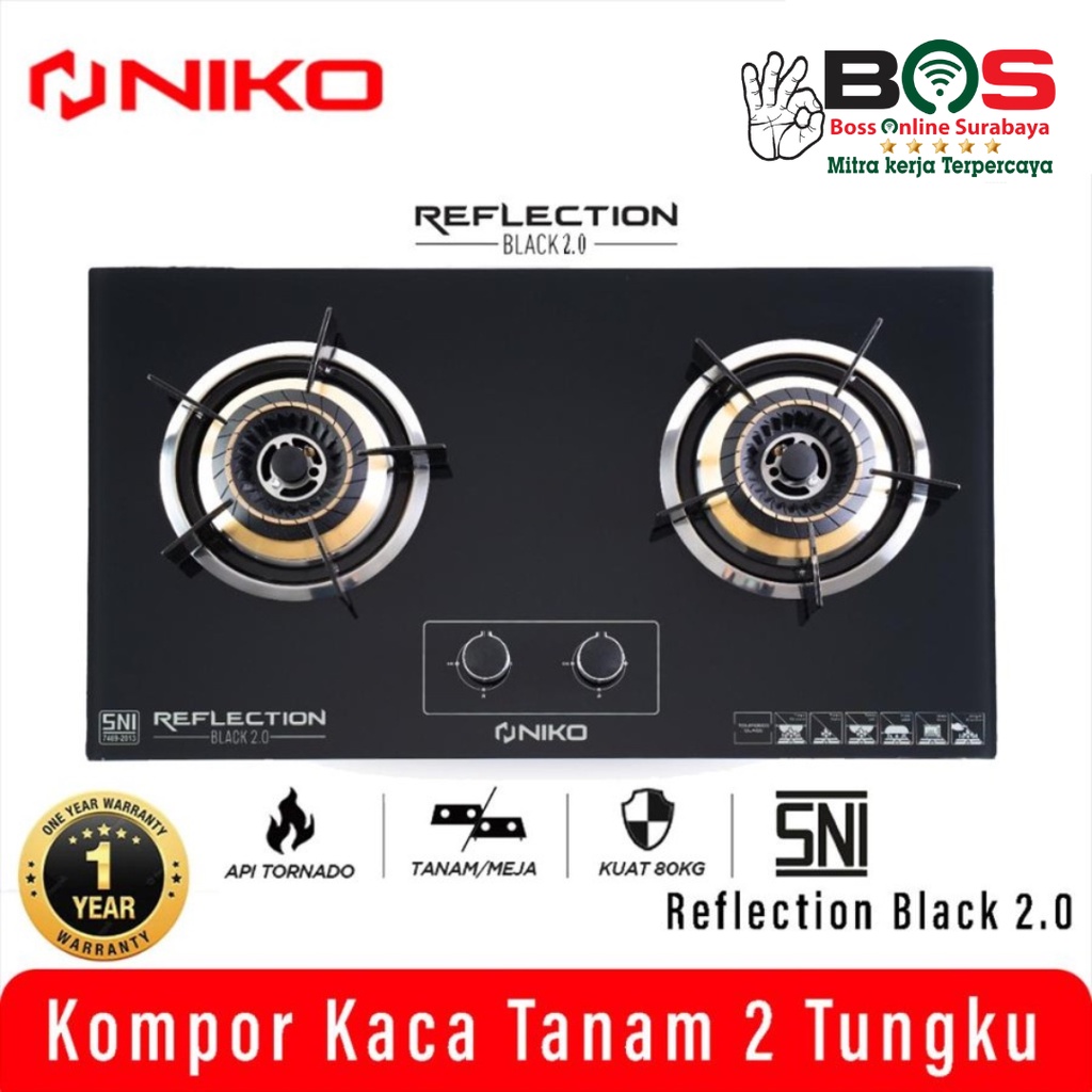 Niko Kompor Kaca 2 Tungku Kompor Tanam Niko Reflection Black 2.0 Kompor Gas Tanam