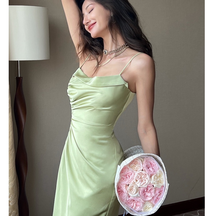 【Moon Blush】Summer Asymmetrical Slip  Bodycon Sleeveless Green Midi Dress 7502