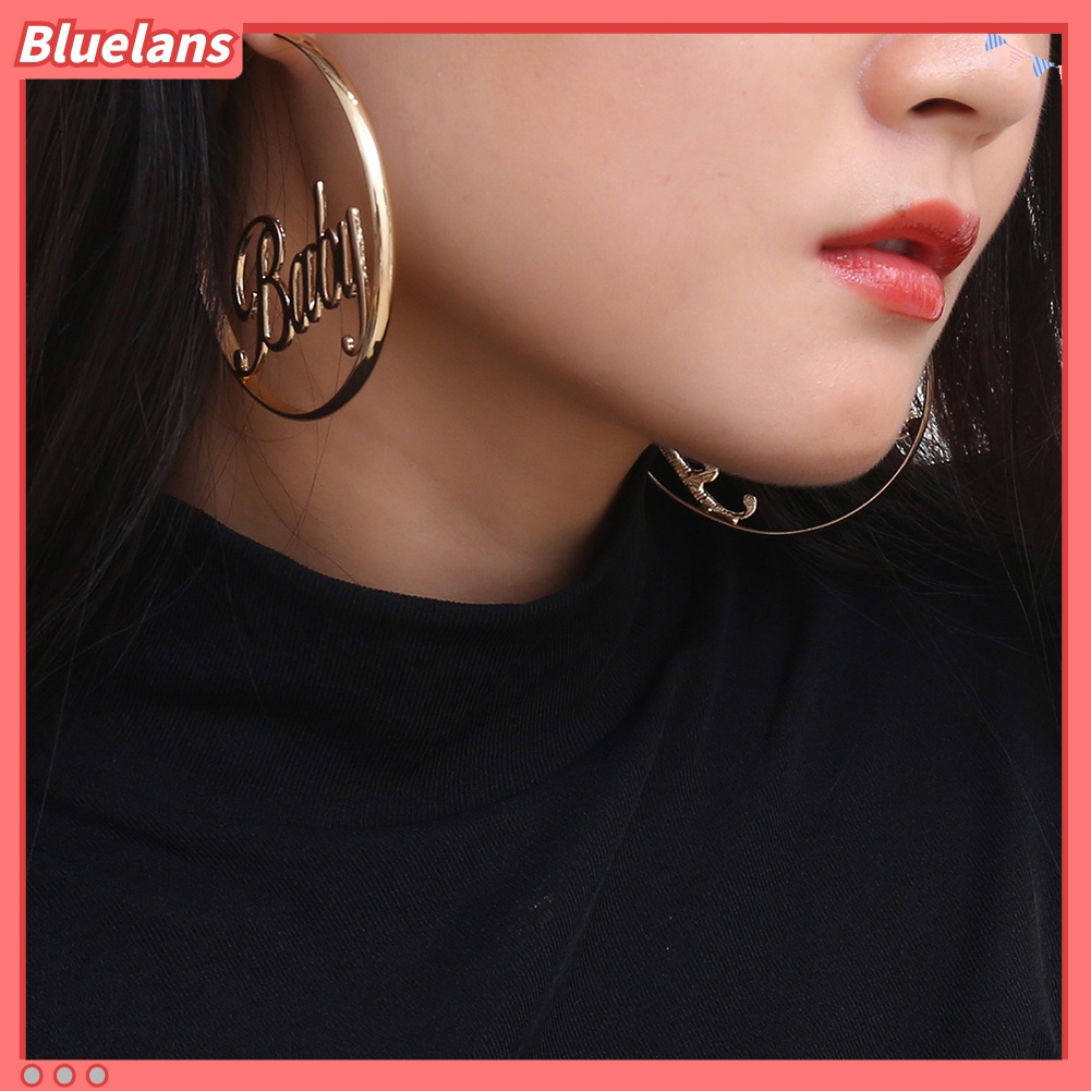 Anting Hoop Bentuk Lingkaran Hollow Motif Tulisan Femme Baby Untuk Wanita