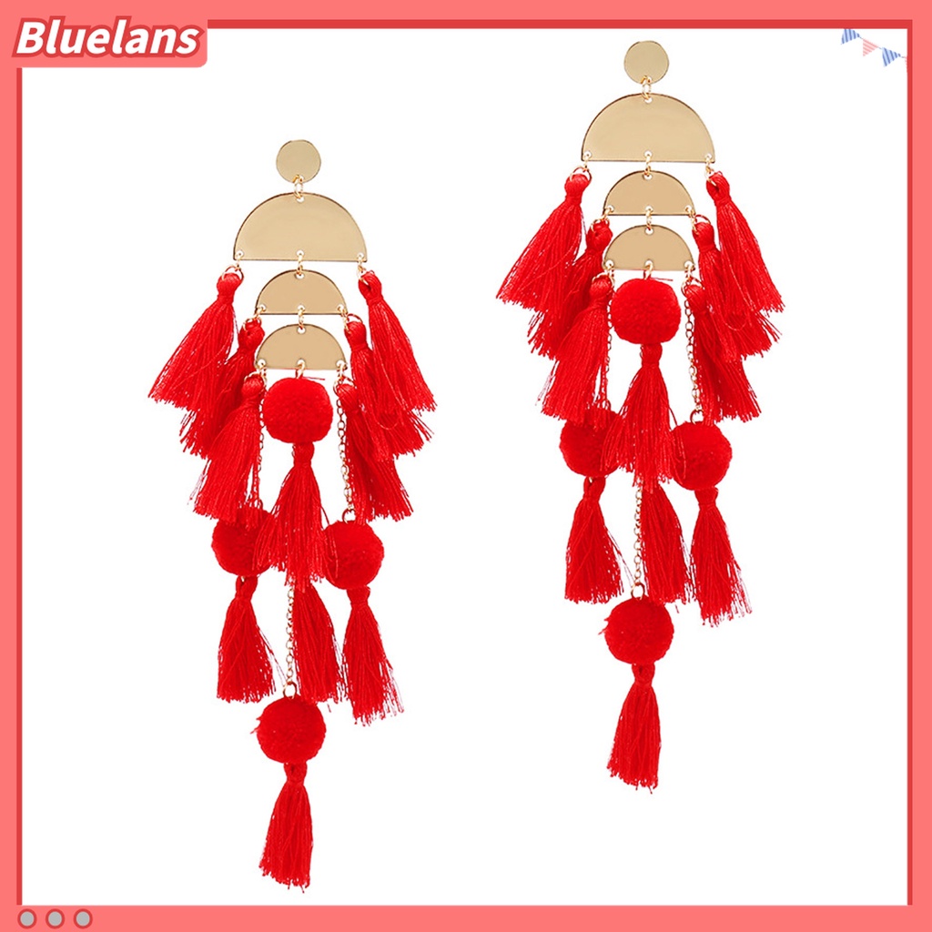 1 Pasang Anting Rumbai Multilayer Bentuk Setengah Lingkaran Tahan Jatuh Gaya Bohemian Untuk Wanita