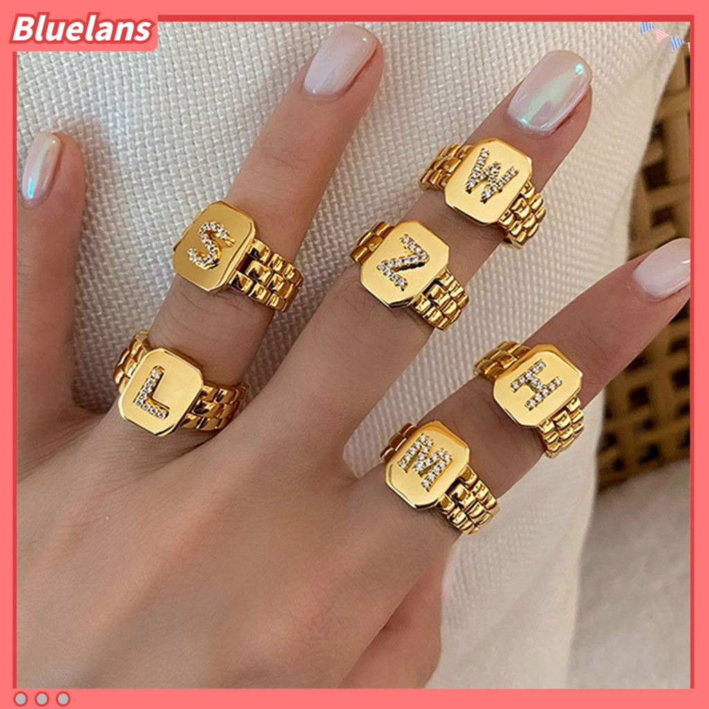 Bluelans Cincin Model Terbuka Adjustable Desain 26 Huruf Aksen Berlian Imitasi Untuk Unisex