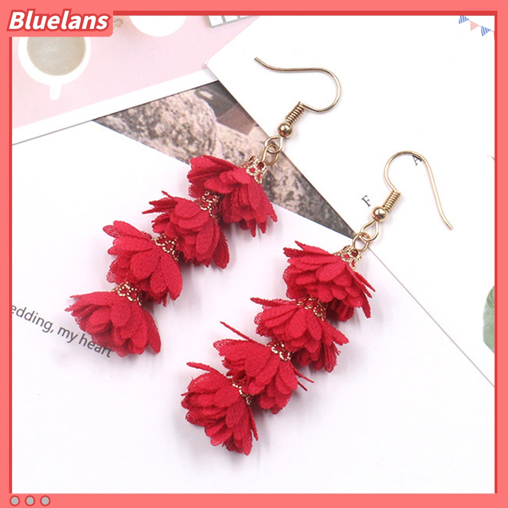 Anting Kait Gantung Panjang Desain Bunga Kain Rumbai Gaya Boho Untuk Wanita