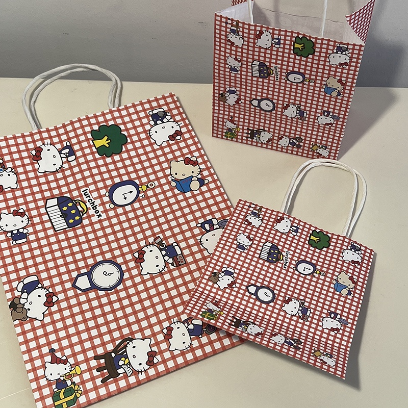 Tas Penyimpanan Kertas Portabel Motif Kartun Kucing Kotak-Kotak Warna Merah Untuk Hadiah