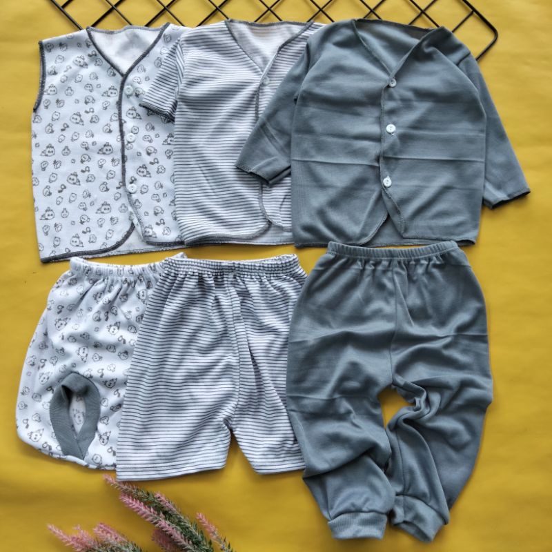 (seri abu) 9 pcs baju bayi sarung tangan kaki kupluk kado bayi perlengkapan baju bayi newborn 0-3 bulan