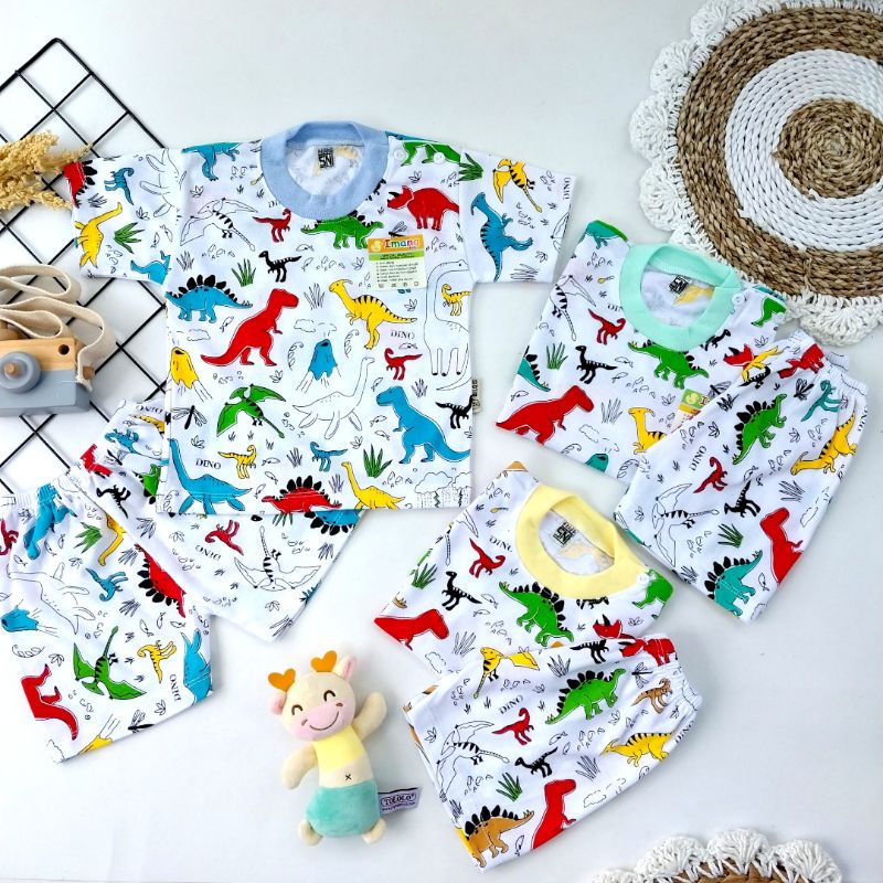 Setelan baju bayi piyama bayi gambar dinosaurus tangan pendek