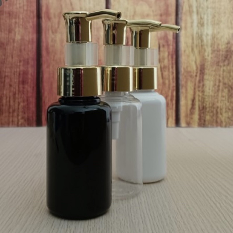 BOTOL TUBULAR 60 ML TUTUP CLIP OIL GOLD LUXURY AESTHETIC REFILL WHITE CLEAR BLACK HITAM PUTIH NATURAL BENING 60ML LOCK OIL PUMP