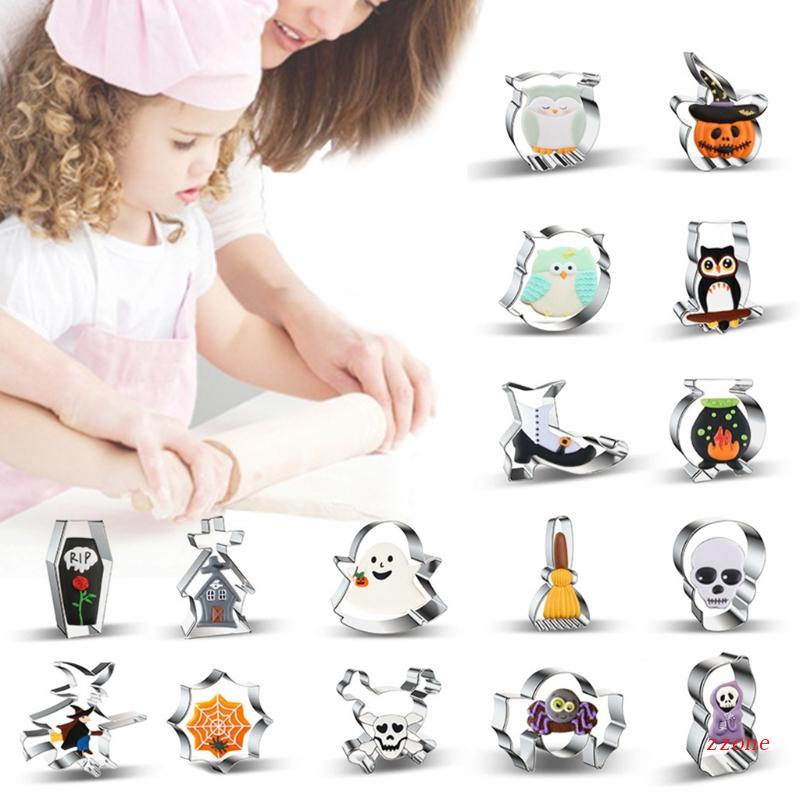 16pcs / Set Cetakan Pemotong Biskuit Bentuk Tengkorak Halloween Bahan Stainless Steel