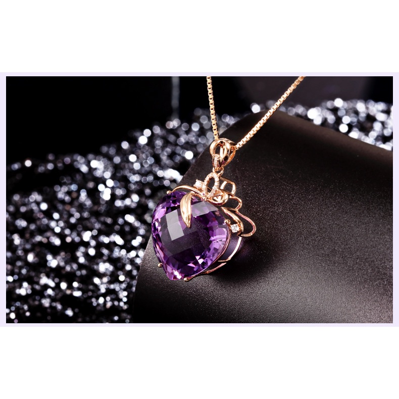 Goldkingdom Perhiasan Fashion 24K Bangkok Aksesoris Ready Stock Berbentuk Hati Amethyst Liontin Emas Asli Kadar 375 18K Berwarna Batu Permata Amethyst Kalung Untuk Wanita