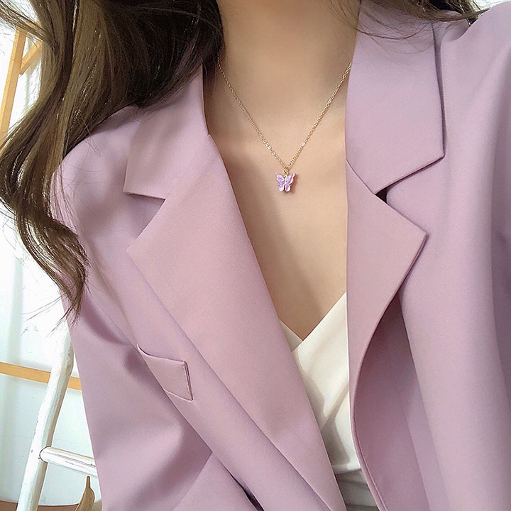Butterfly Kalung Rantai Klavikula Desain Kupu-Kupu Warna Ungu Putih