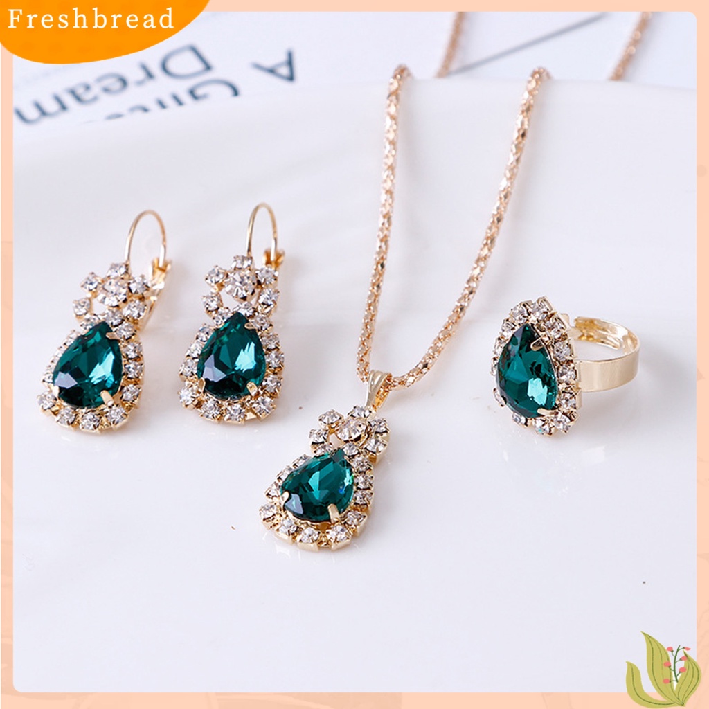 3pcs / Set Kalung Anting Cincin Liontin Water Drop Bahan Alloy Aksen Berlian Imitasi Untuk Wanita