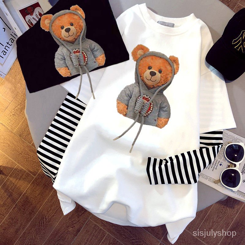 #Sisjuly# Wanita teddy bear bergaris-garis tambal sulam palsu dua potong T-shirt lengan panjang wani