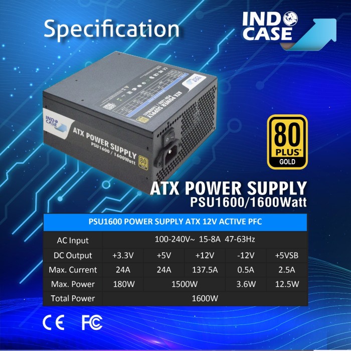 Indocase PSU ATX 1600W Pure 80+ Gold GPU QWERTY Mining Miner Crypto
