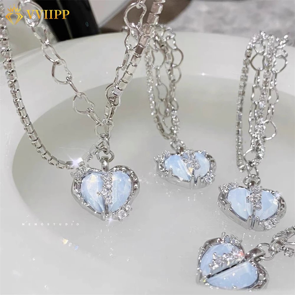 Kalung Rantai Choker Liontin Hati Sayap Malaikat Hias Kristal Mutiara Warna Pink Biru Untuk Wanita