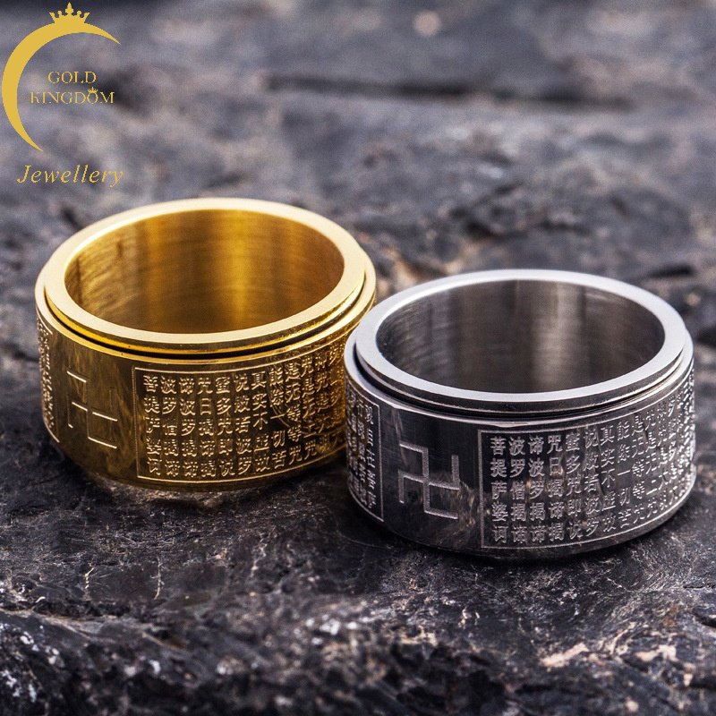 Goldkingdom Fashion Perhiasan 24K Bangkok Aksesoris Ready Stock Buddha Segel Berputar Jantung Cincin Pria Berlapis Emas Asli Kadar 375 Kepribadian Domendish Hipster Retro Minimalis