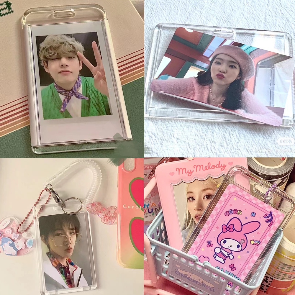 Case Holder Pelindung Kartu Foto Bahan Akrilik Transparan Ukuran 3 Inci Dengan Gantungan Kunci Bentuk Hati Pink