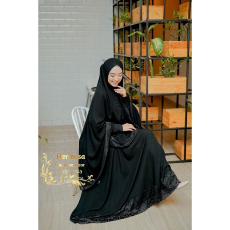 Gamis Syar'i Hermosa Original Renda Jetblack MTA (Satu Set+Khimar)