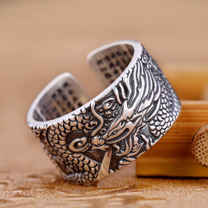 2022 Cincin Terbuka Adjustable Lapis Silver Motif Print Naga Gaya Hip Hop Untuk Pria