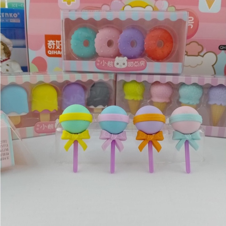 PENGHAPUS LUCU DESSERT 1 BOX ISI 4 PCS WARNA DAN MODEL CANTIK TERMURAH STIP HAPUSAN ESKRIM IMUT CUTE ADA 4 VARIANT ALAT TULIS FANCY KUALITAS TERBAIK HARGA TERJANGKAU