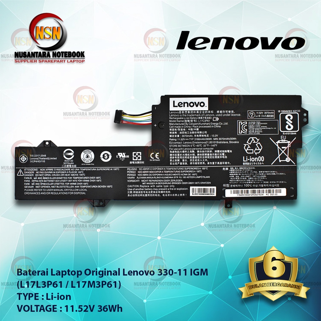 Baterai Laptop Original Lenovo 330-11 IGM (L17L3P61) 11.52V 36Wh