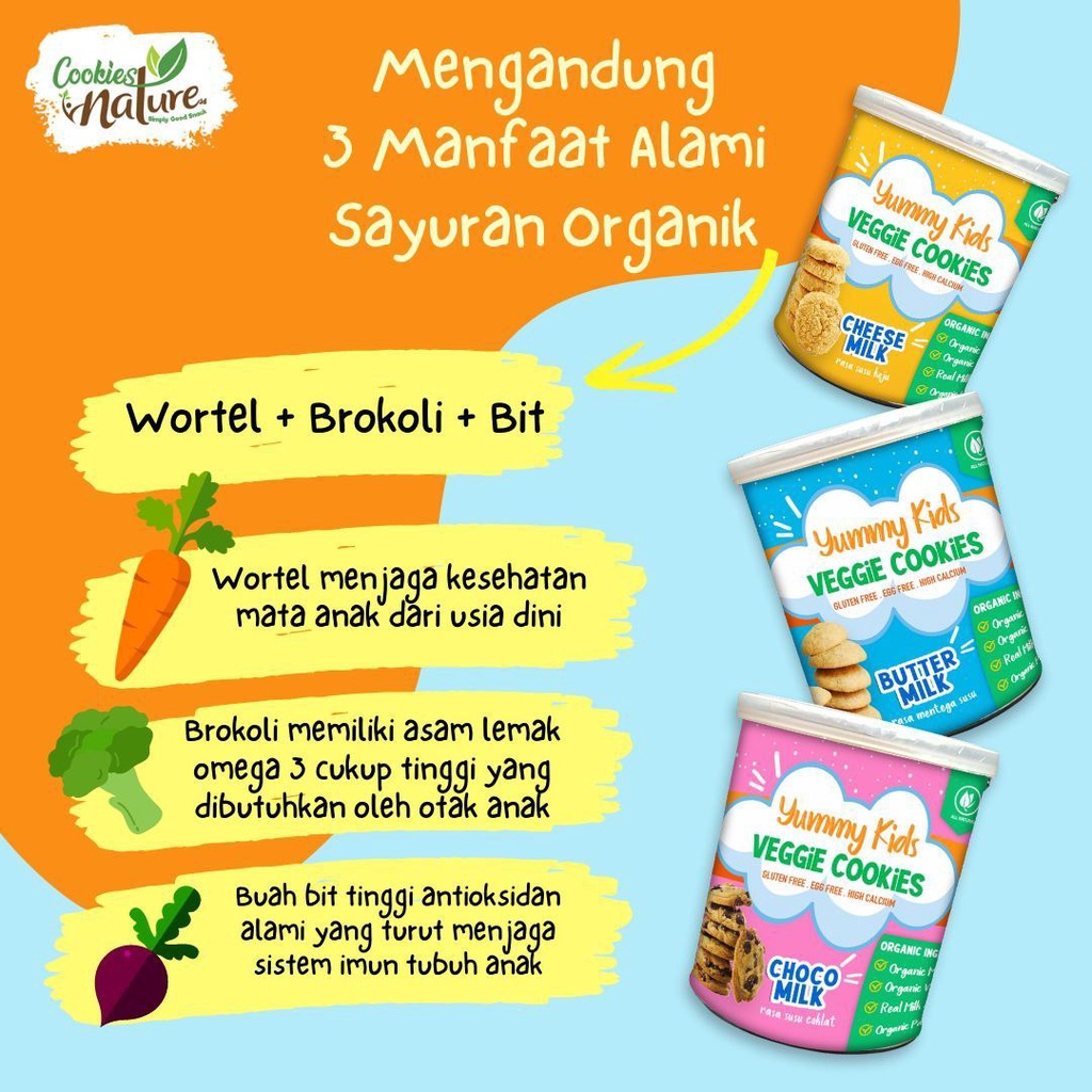Yummy Kids Natural Veggie Cookie Biskuit Sayur Organik MPASI Tanpa Pengawet Premium Gluten Free &amp; Egg Free Pelangi Anak Original Kemasan 150gr