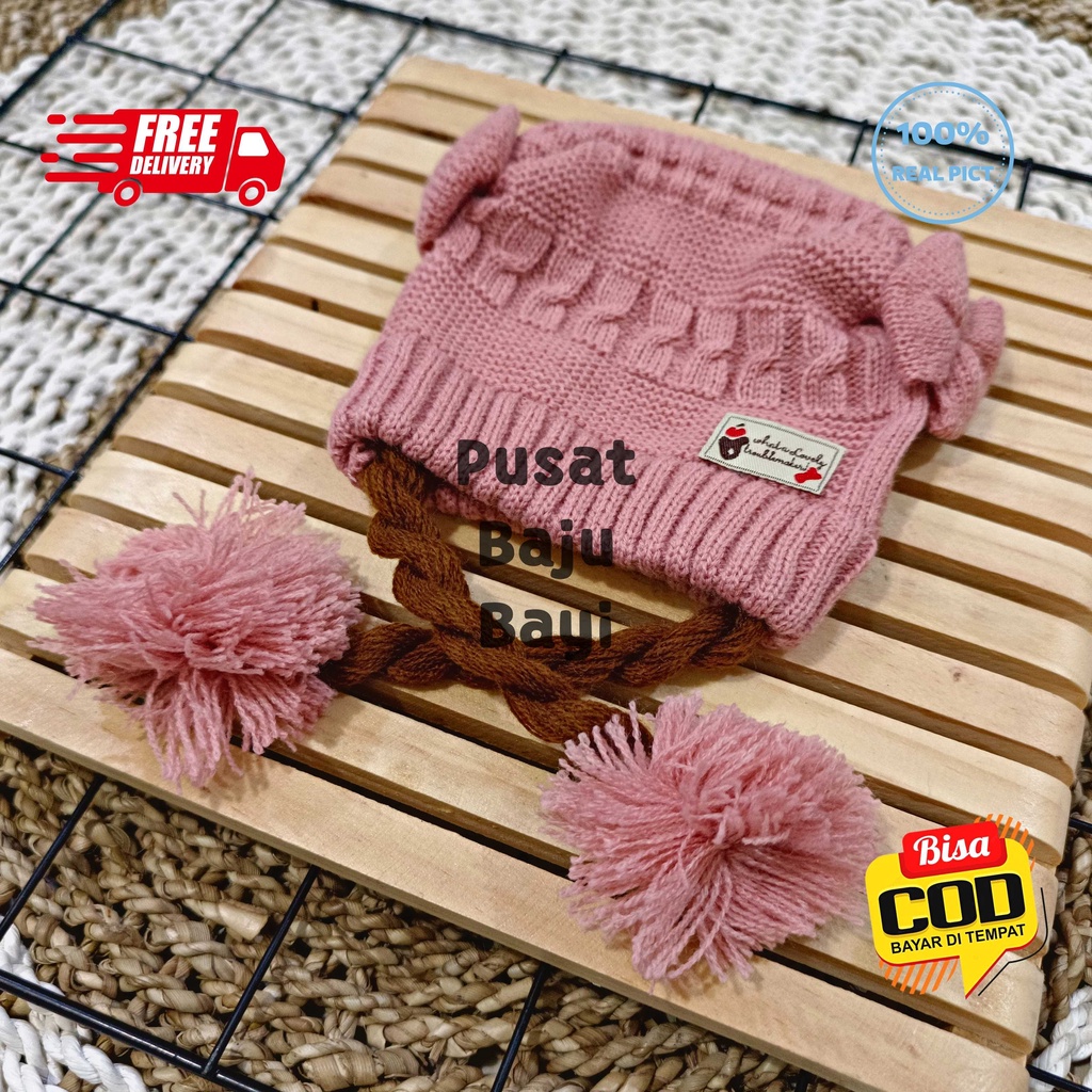 Topi Bayi Perempuan Premium Rajut Pompom Model Kepang / Topi Rajut Premium Baby Girl model Kepang Termurah