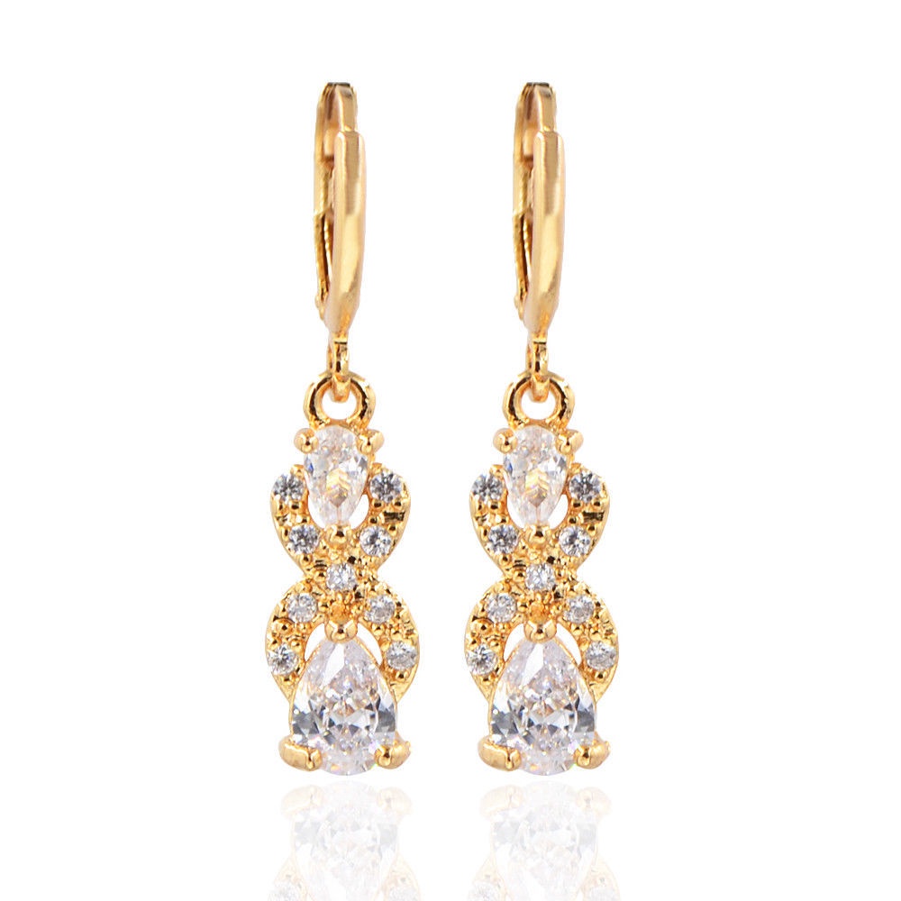 Goldkingdom Fashion Perhiasan 24K Bangkok Aksesoris Ready Stock Kreatif Tetesan Air Berbentuk Pir Berlian Bertatahkan Anting-Anting Dengan Liontin Batu Permata Warna-Warni Berlapis Emas Asli Kadar 375